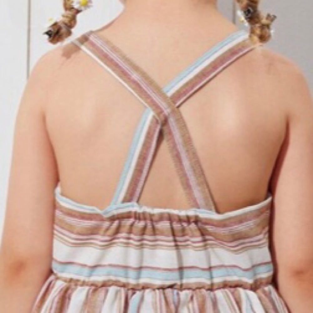 Cream Multicolor Stripe Crisscross Back Button Strap Dress NEW - Picture 3 of 16